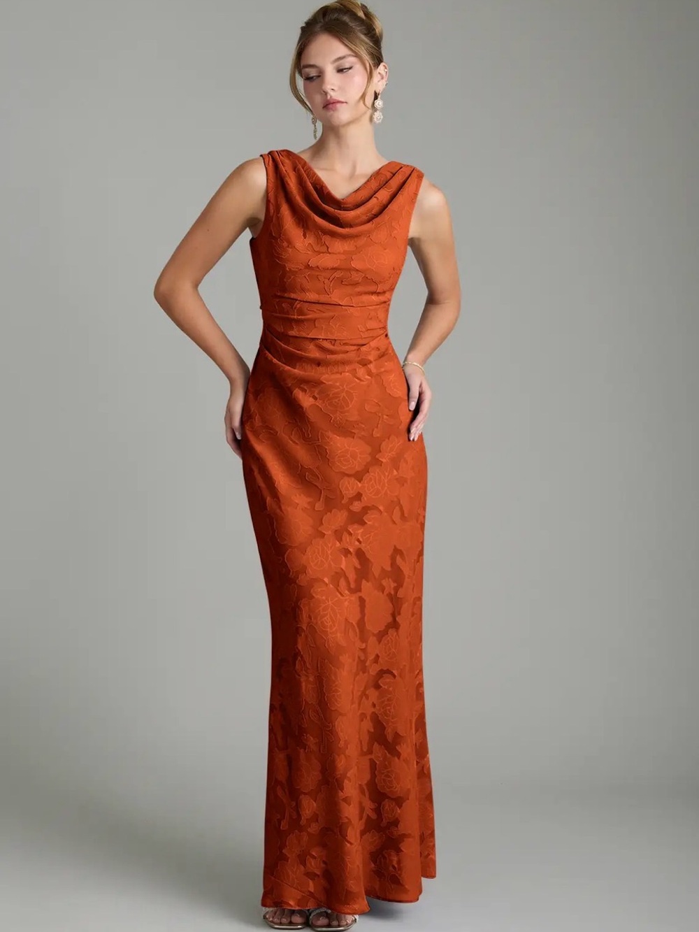 Azazie Rust Cowl-Neck Floral Jacquard Maxi Dress